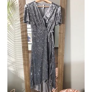 Gray “velvet” high-low wrap dress